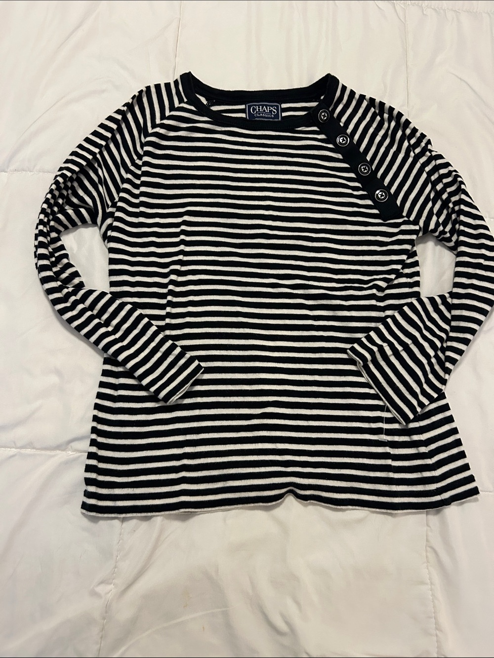 Chaps Black & White Striped Long Sleeve Tee with Button Shoulder